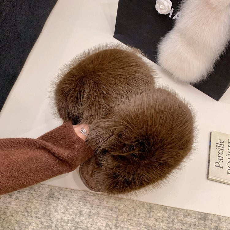 plus sizepure color fluffy large fur slippers soft bottom winter toe-cap home heattech multi-color cotton slippers