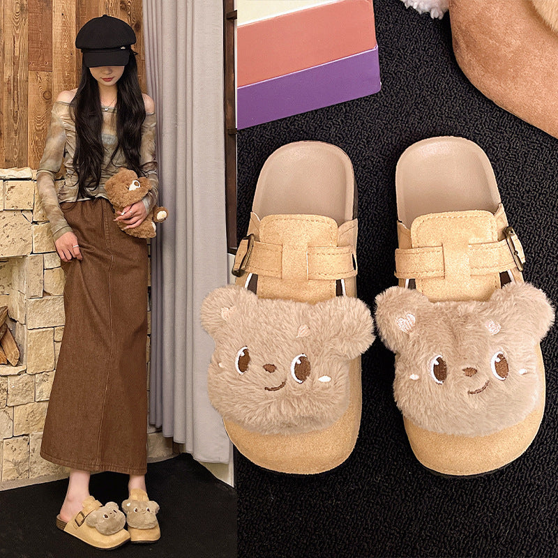 New arrivalcute bear casual slip-on loafers flats shoes non-slip toe-cap half-slippers easiest for match birkenstock women's shoes