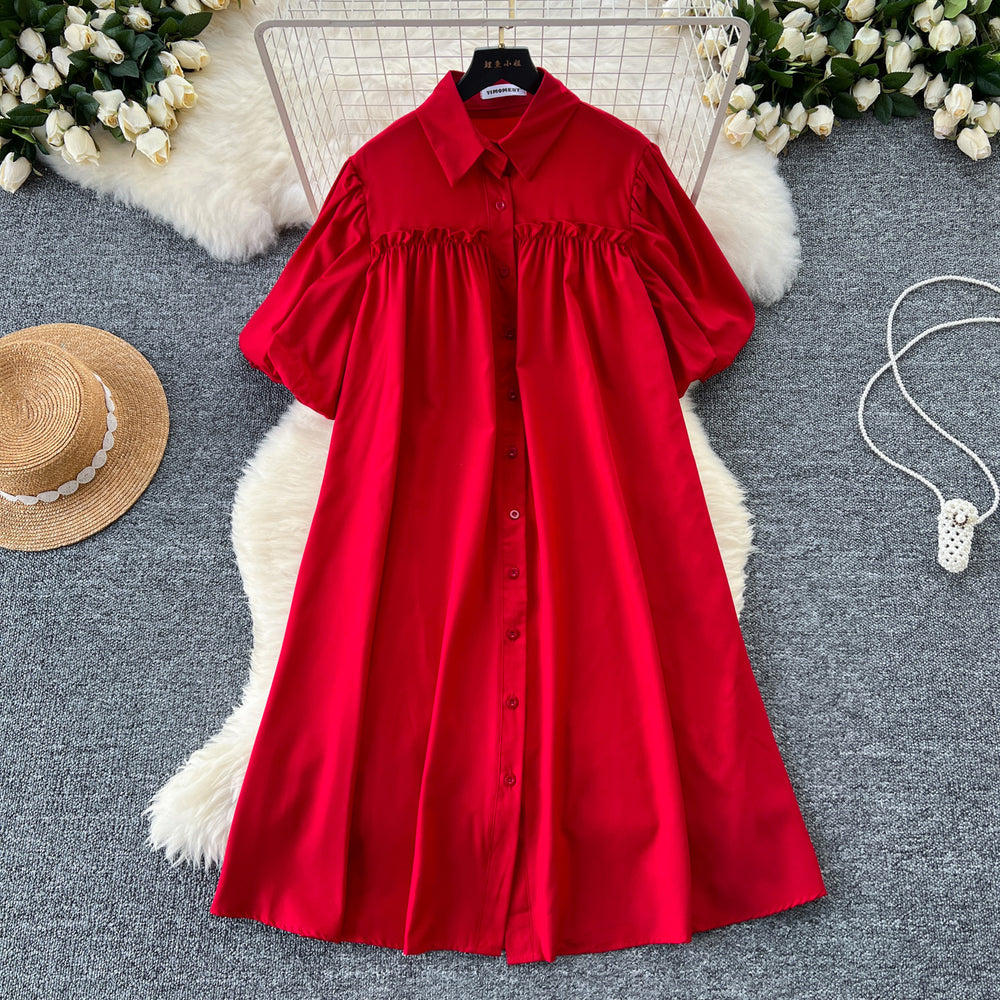 Lazy style dress women's korean style fashionsense of design lantern sleeves pleated single-breasted slimming lookloose shirt skirt