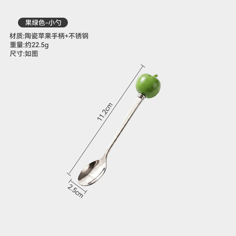 Colorful apple fork and spoon set - creative spoons with stainless steel and ceramic handles for fruit, coffee, cake, and desserts - wholesale