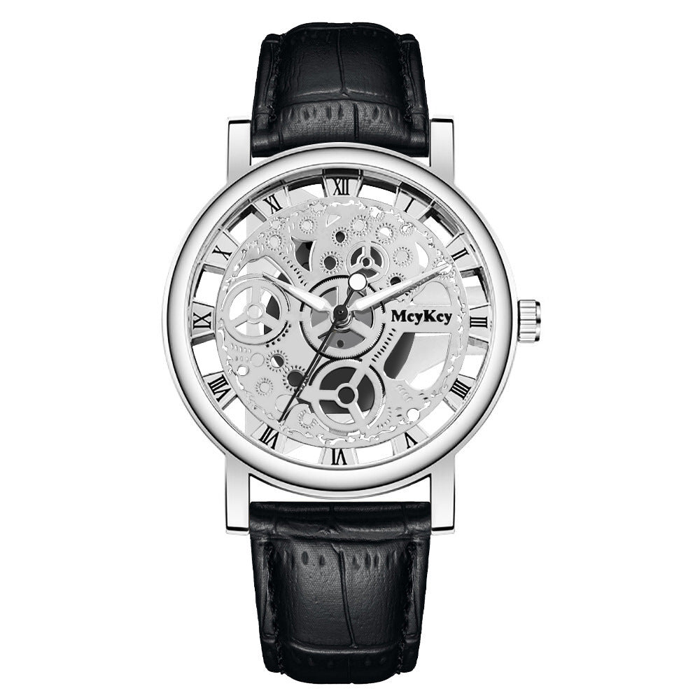 New men's watch - transparent case, skeleton design, simulated mechanical movement - men's leather strap quartz wristwatch - in stock, wholesale available