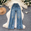 American cartoon little spike embroiderhigh waistloose pantsjeans women's summerloosestraight-legpetites blue pants