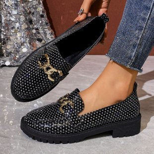 Exportplus sizespring & fallnew arrival round toe metal buckle slip-on small leather shoes british style thick heel thick sole loafers for women