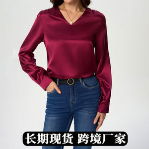 Real shot european and american women's clothing summersatinshirt women's long sleeves satinartificial silk white shirt women's tops