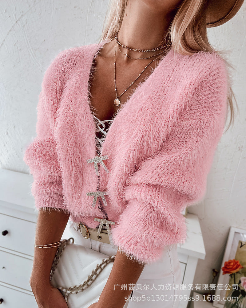 DHCN845 new  European and American bow diamond buckle imitation mink short knitted cardigan women