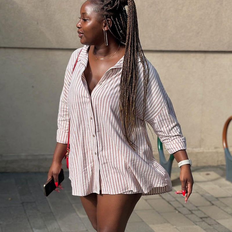 European and american women's clothing  autumn new collection: sweet and fresh striped turn-down collar long-sleeve shirt and high-waisted shorts two-piece set