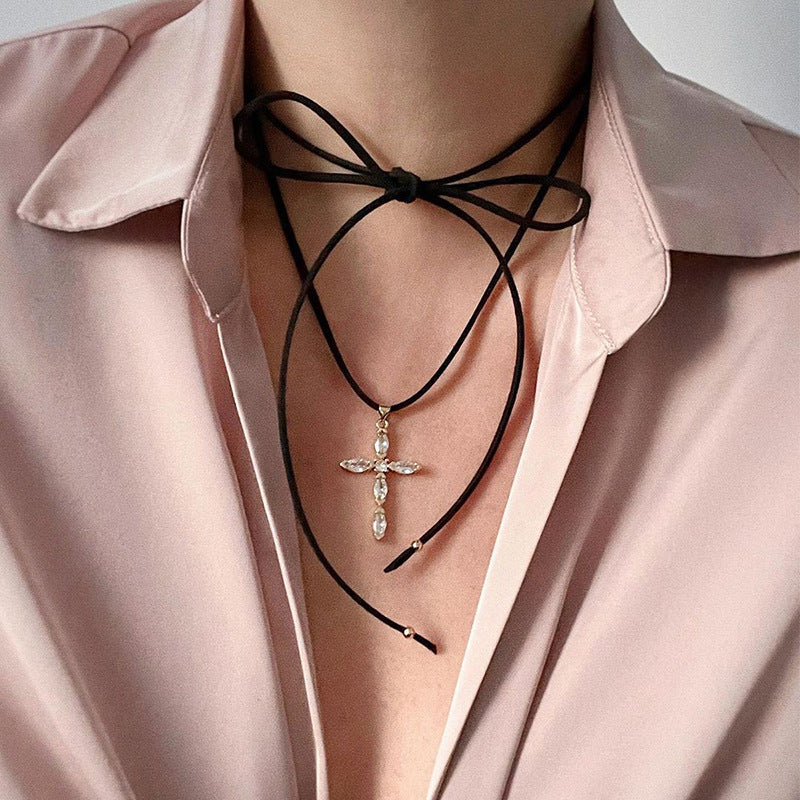 Wholesale heart cross pendant necklace - trendy adjustable choker with star accents for women (us/eu cross-border)