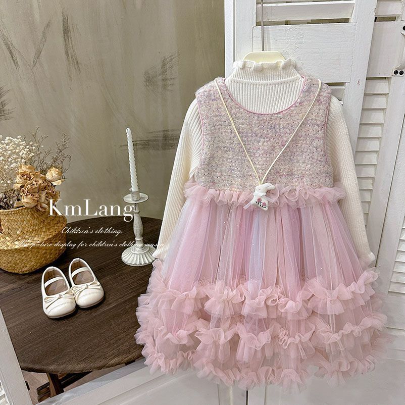 Girls' dress  tulle skirt cake princess dress fleece-lined chic and stylish formal gown