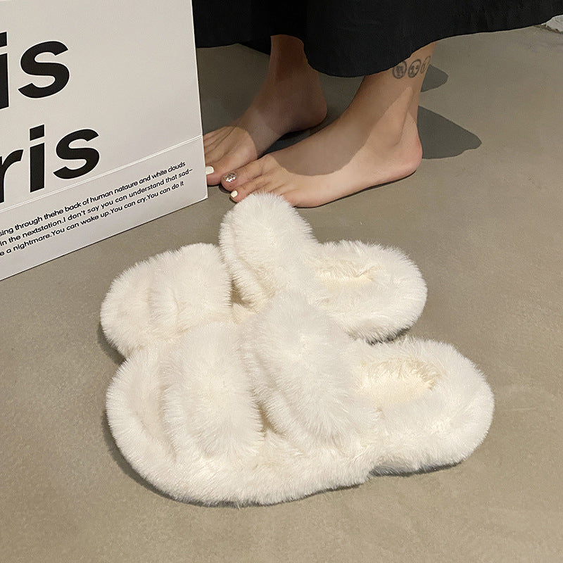 New korean style ins trendy fuzzy slippers women's outdoor winter indoor non-slip warm plush lazy cotton slippers