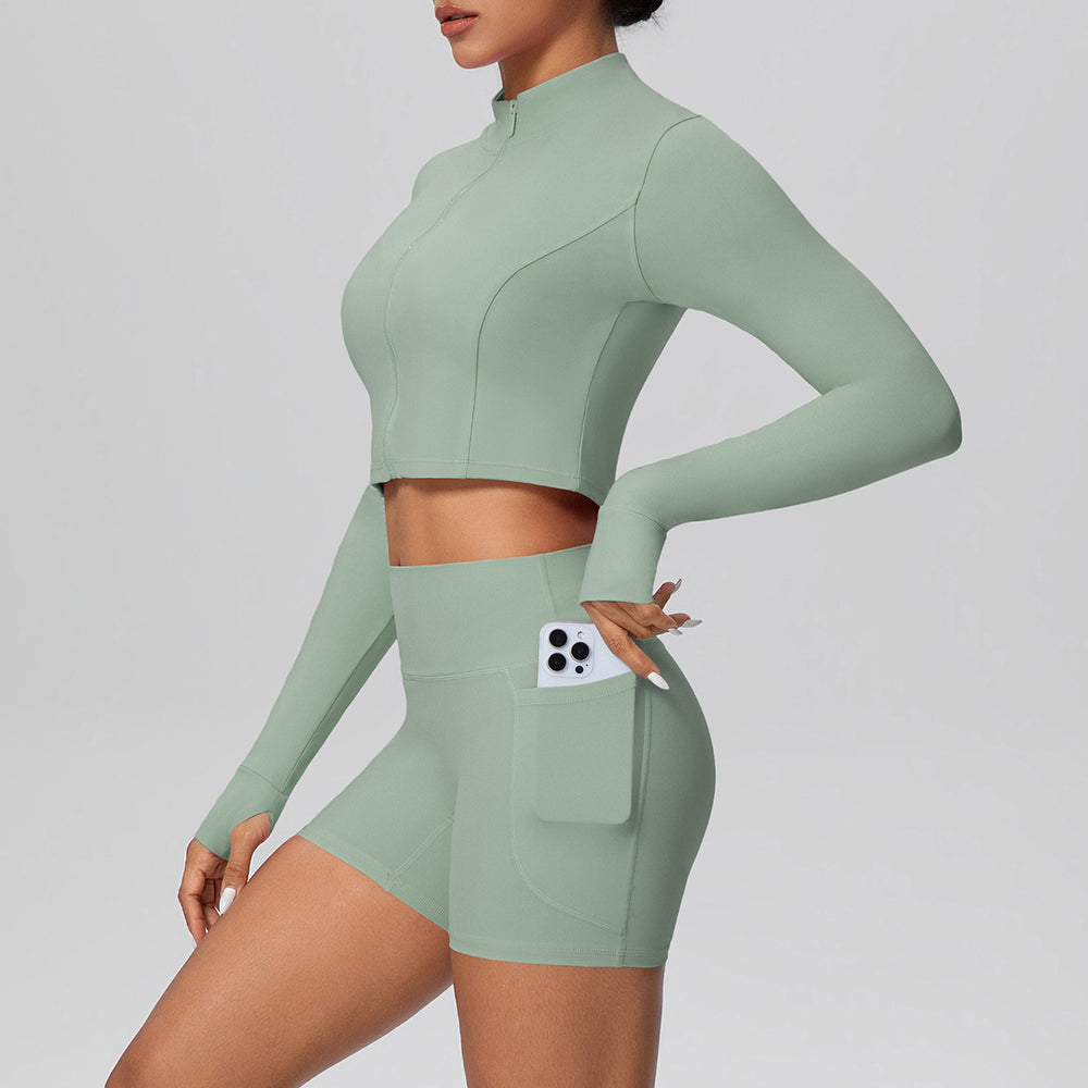 Cloud-feel outerwear short zip-up jacket with butt-lifting pocket shorts, a form-fitting activewear yoga set for women, perfect for running and fitness
