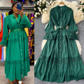 French court retroelegancedress women's stand collar bell sleeves waist single breasted lacepatchwork large swing long skirt