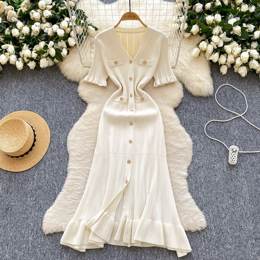 French retro chic knit dress - women's summer ruffle trim single-breasted design - elegant & luxe maxi dress