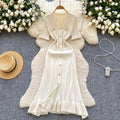 French retro chic knit dress - women's summer ruffle trim single-breasted design - elegant & luxe maxi dress