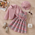 exclusive supply of elegance woolen outwear + plaid a-skirt + bow hat fall and wintergirlsuit three-piece set
