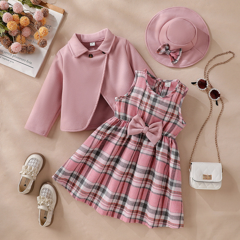 exclusive supply of elegance woolen outwear + plaid a-skirt + bow hat fall and wintergirlsuit three-piece set