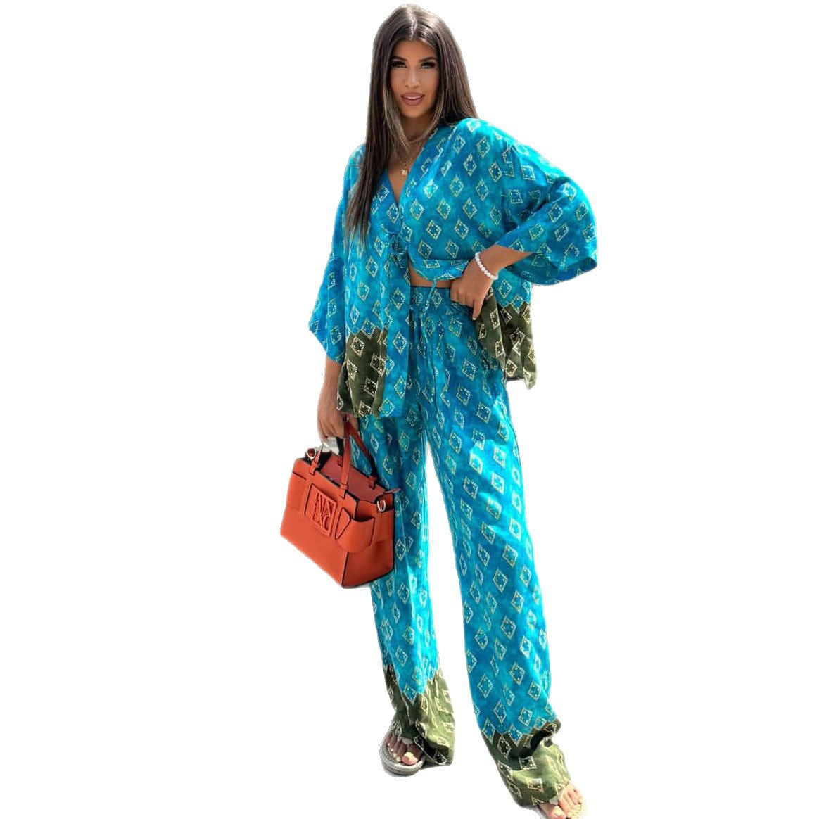 Cross-border European and American large-size fashion V-neck cardigan printed shirt  new casual wide-leg trousers two-piece set women