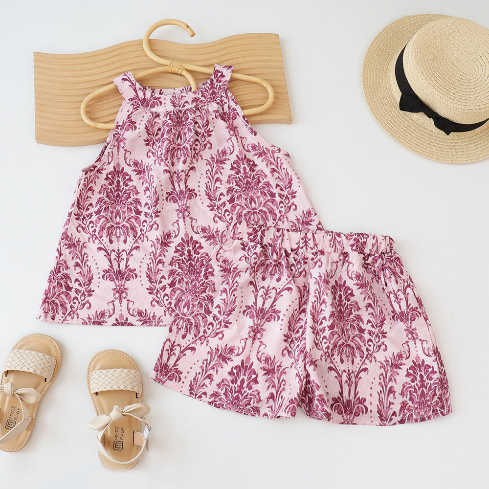 Girls' outfit: cross-border children's clothing,  summer new arrivals, girls' vintage print sleeveless top and shorts two-piece set