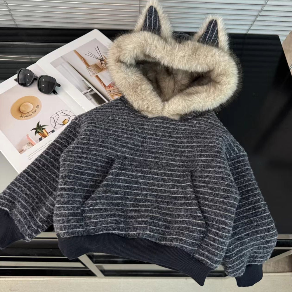 Early autumn faux fur collar hoodie - korean chic, relaxed fit, autumn design, unique striped top for women