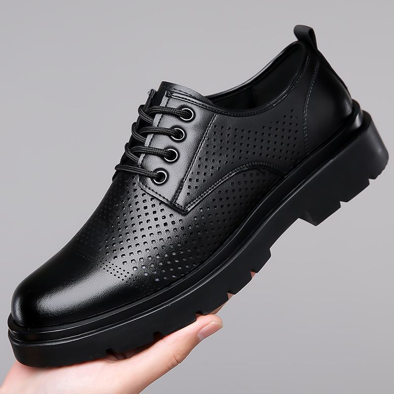 2025 men's soft leather shoes, men's sandals, business british style, groom's suit set, men's hollow-out breathable non-slip