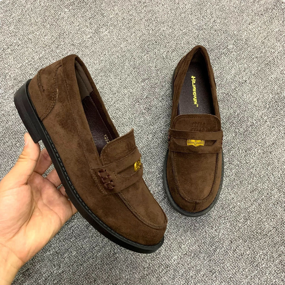 Genuine leather gold coin lazy loafers women's retroelegantwork clothingfall and winternew arrival british square heel small leather shoes thick heel