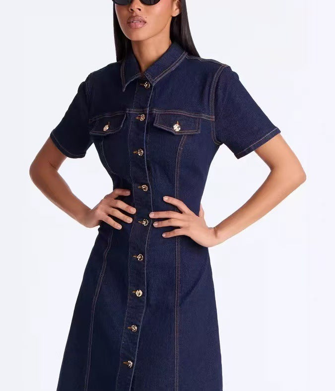 new european and american cross-border  independent station foreign trade short-sleeve turn-down collar casual denim dress for women