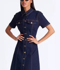 new european and american cross-border  independent station foreign trade short-sleeve turn-down collar casual denim dress for women