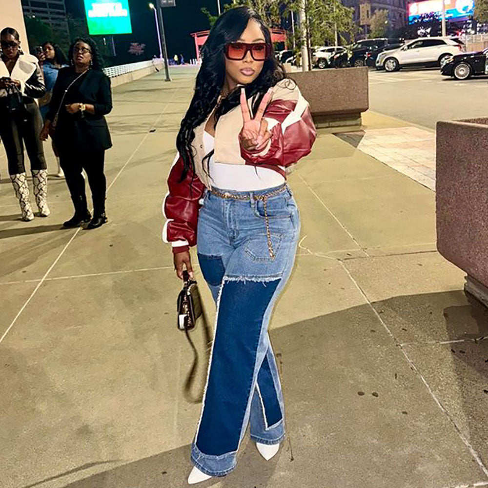 European and american cross-border women's clothing:  casual women's jeans, streetwear fashion color block patchwork trendy straight-leg pants