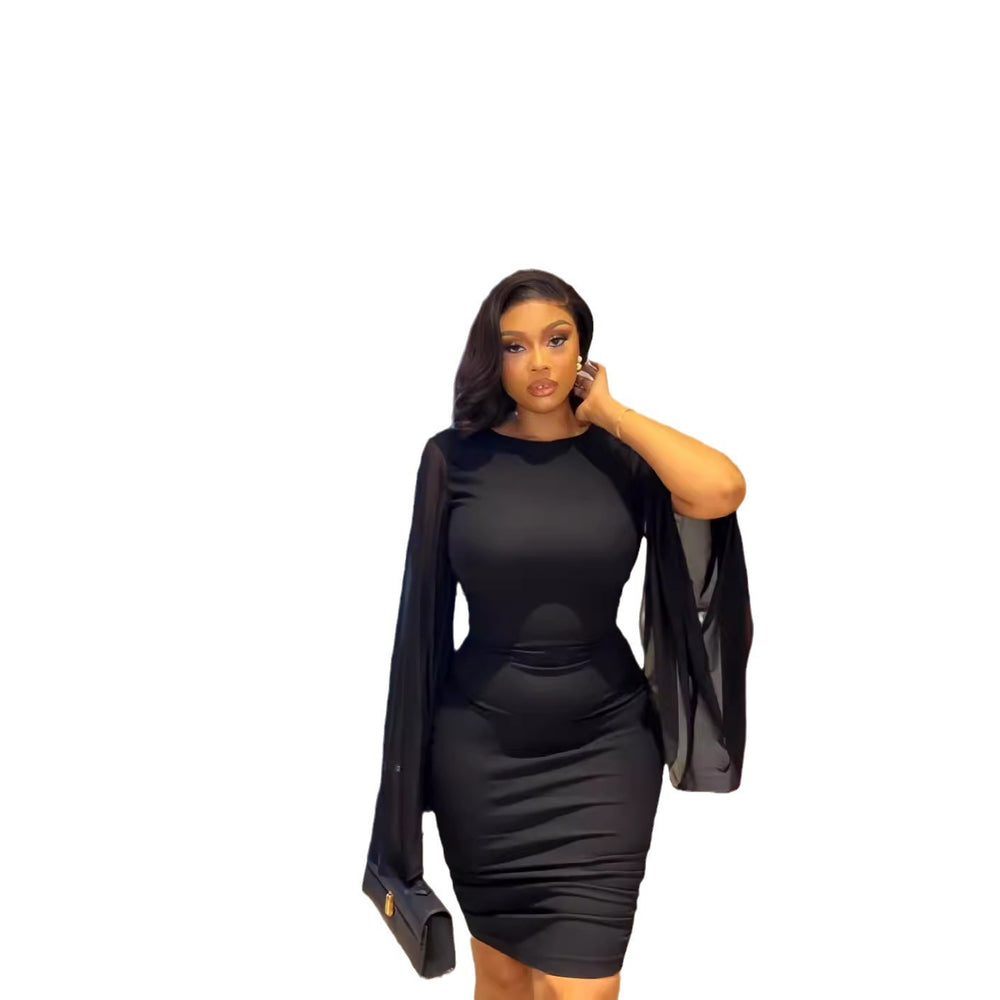 European and american cross-border women's fashion:  autumn new arrival - solid color crew neck flared sleeve sexy backless bodycon dress