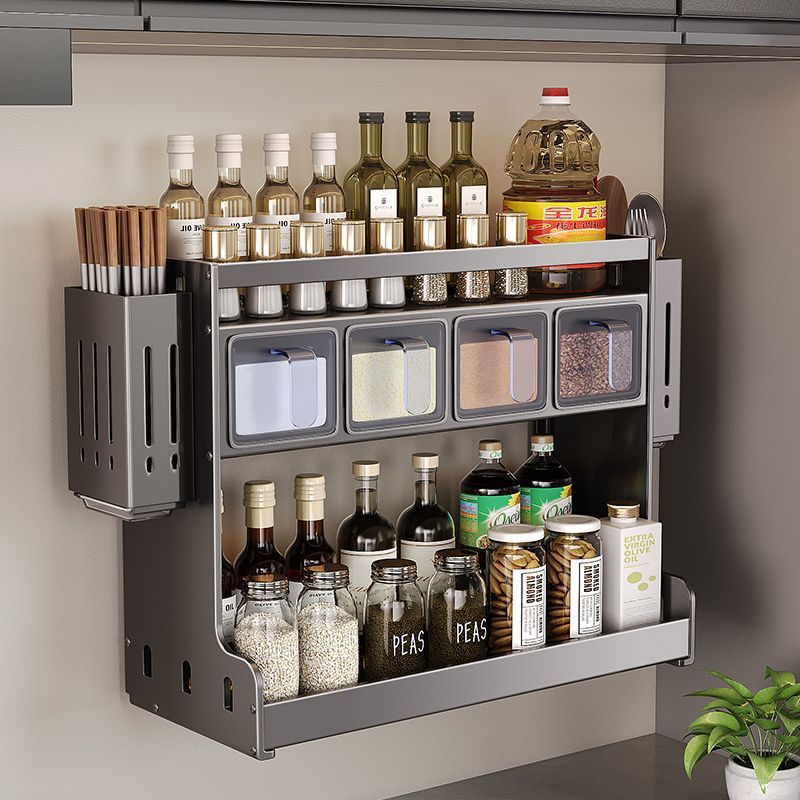 Kitchen rack Wall-mounted non-punching oil, salt, sauce and vinegar storage Wall-mounted multi-functional condiment tank seasoning box