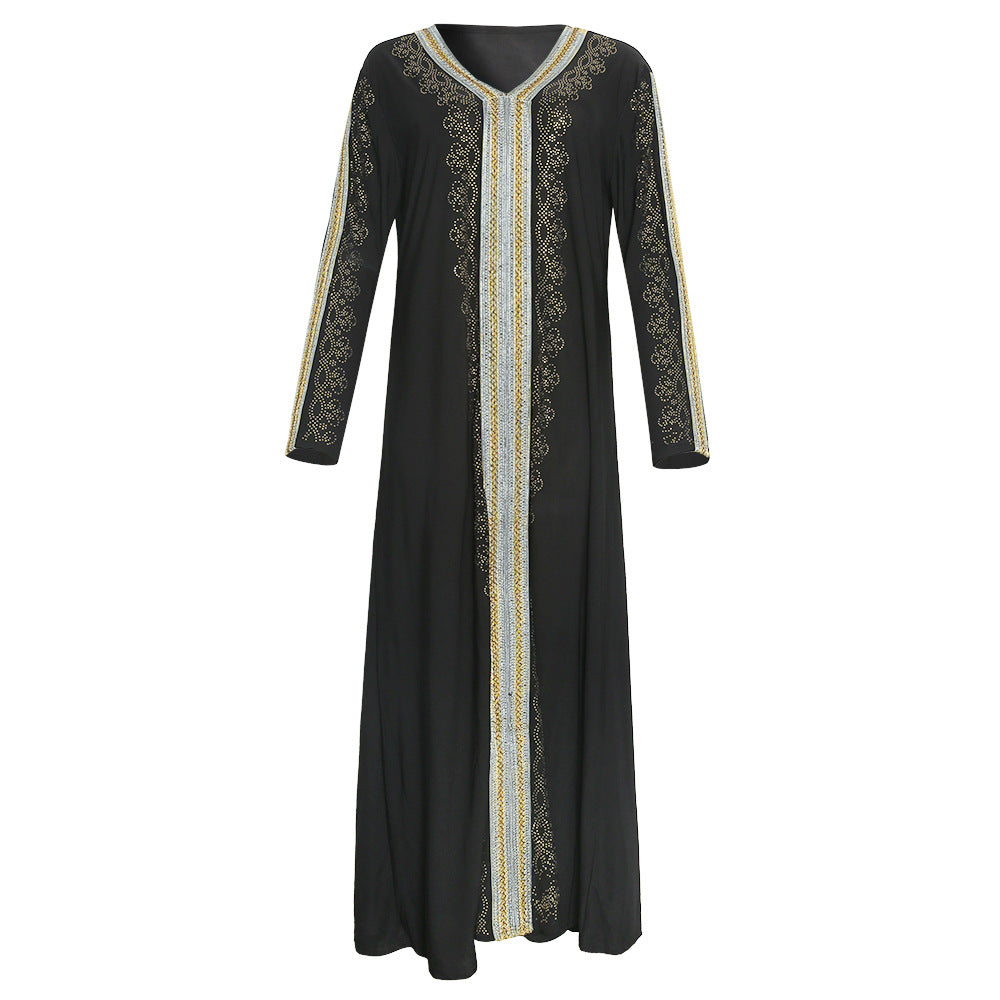 African  spring women's clothing   gold embroidery hotfix rhinestone beaded v-neck dress
