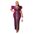C6500   fashion women's hotfix rhinestone bubble sleeve stretch v-neck maxi dress