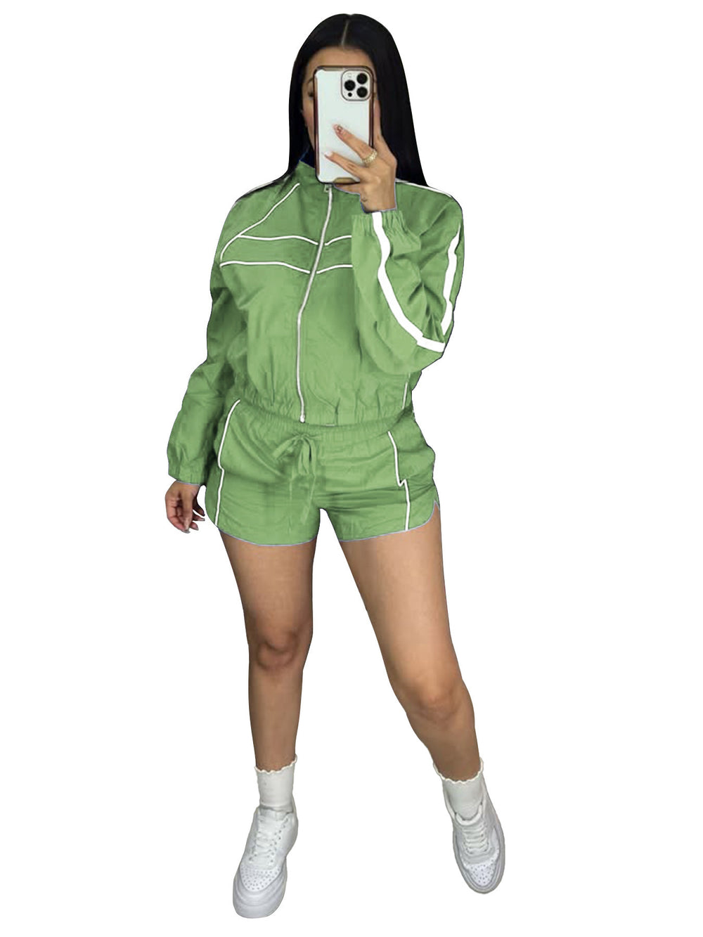 european and american style sexy hot girl long sleeve zipper color block webbing shorts women's two-piece set