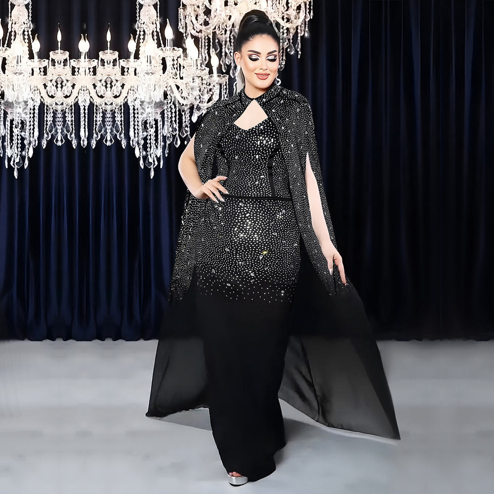C7292 cross-border   fashion women's sexy rhinestone bodycon sheer cape dress