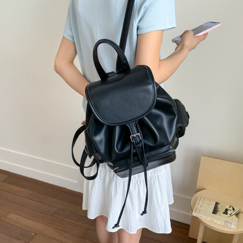 Simple and fashionable soft leather backpack bag 2025 summer new large-capacity backpack college student drawstring schoolbag women's bag