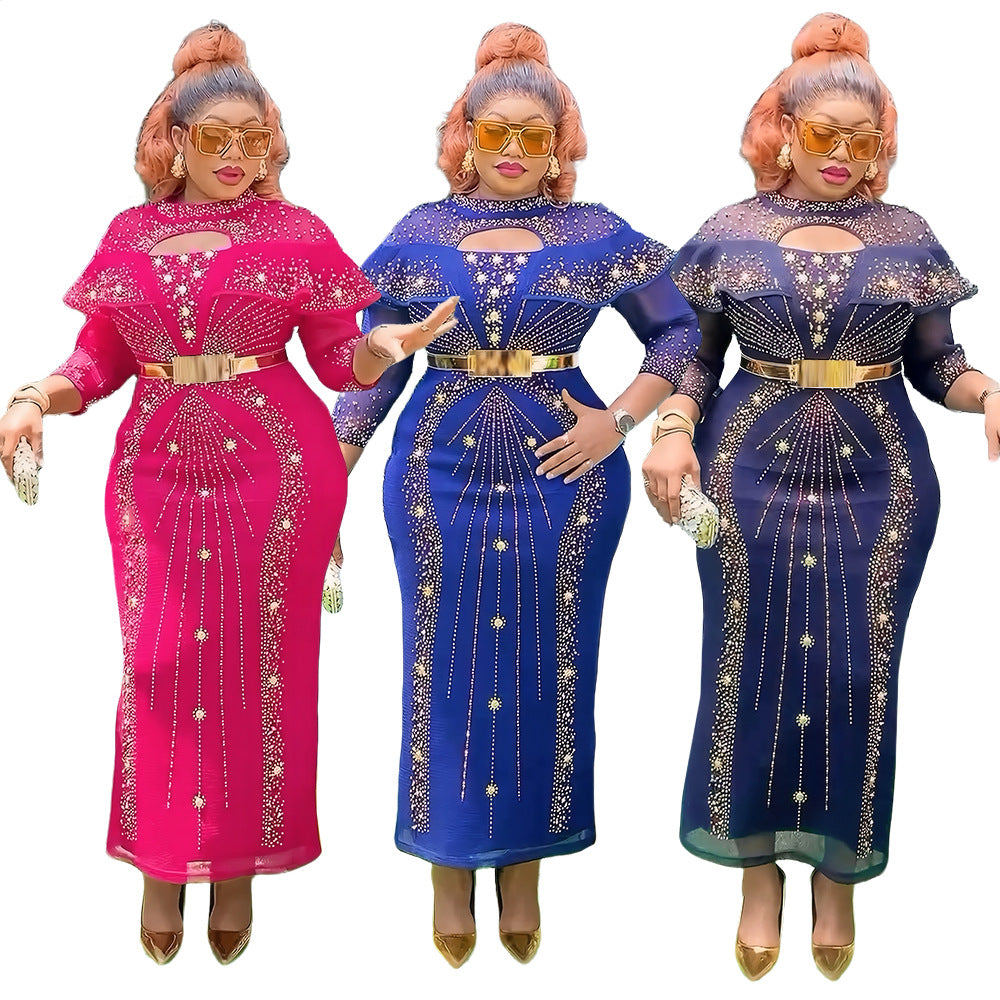 Fashion cross-border new arrival african  plus size women's dress fashion hot diamond beaded high waist hip skirt