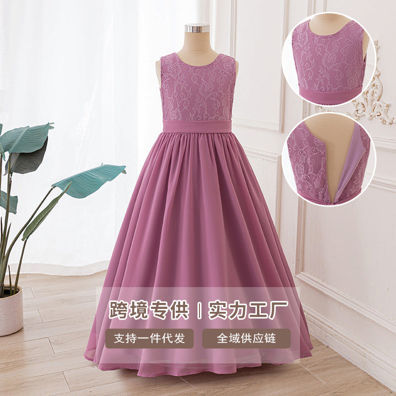 export girls' sleeveless lace patchwork long dress - elegant and stylish children's dress