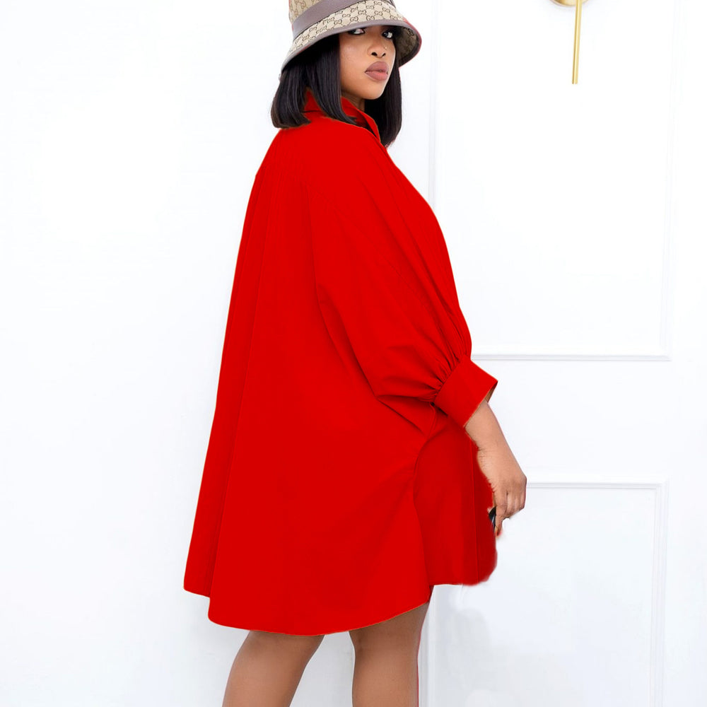 D3089  spring new arrival loose waist elegant lapel pure colorplus size shirt skirt european and american cross-border dress