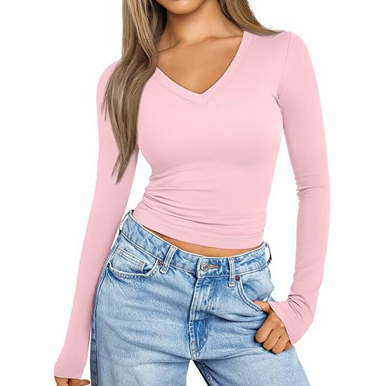 european and american style v-neck slim-fit long sleeve t-shirt - women's inner layering top - figure-hugging milk silk base layer