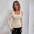 european and american women's fashion square neck slim fit bell sleeve knitted long sleeve t-shirt - in stock for workwear