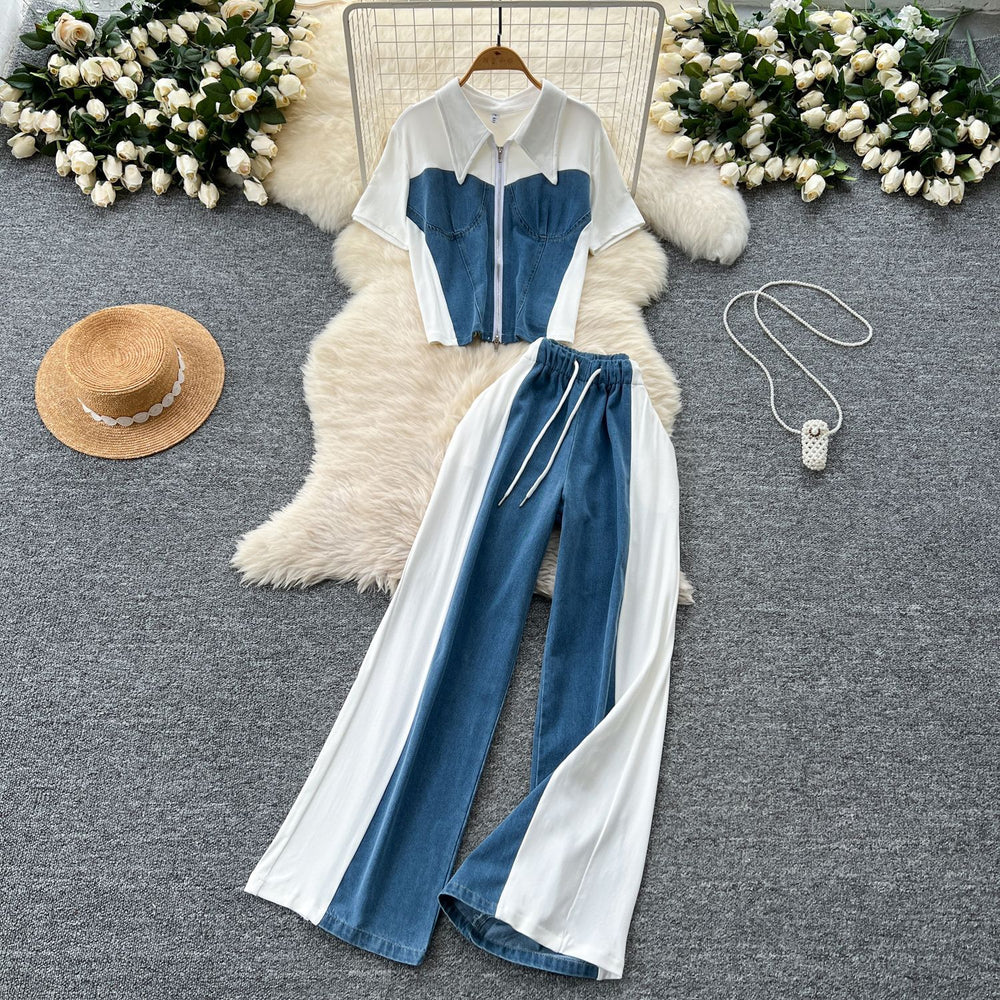 Summer outfit set: women's casual retro lapel faux two-piece short sleeve top with high-waisted patchwork denim wide-leg pants