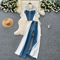 Summer outfit set: women's casual retro lapel faux two-piece short sleeve top with high-waisted patchwork denim wide-leg pants