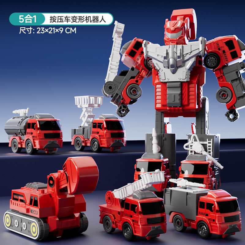 Kids' transforming robot building block set - 5-in-1 engineering vehicle, mecha, realistic car, fire truck, and military vehicle model