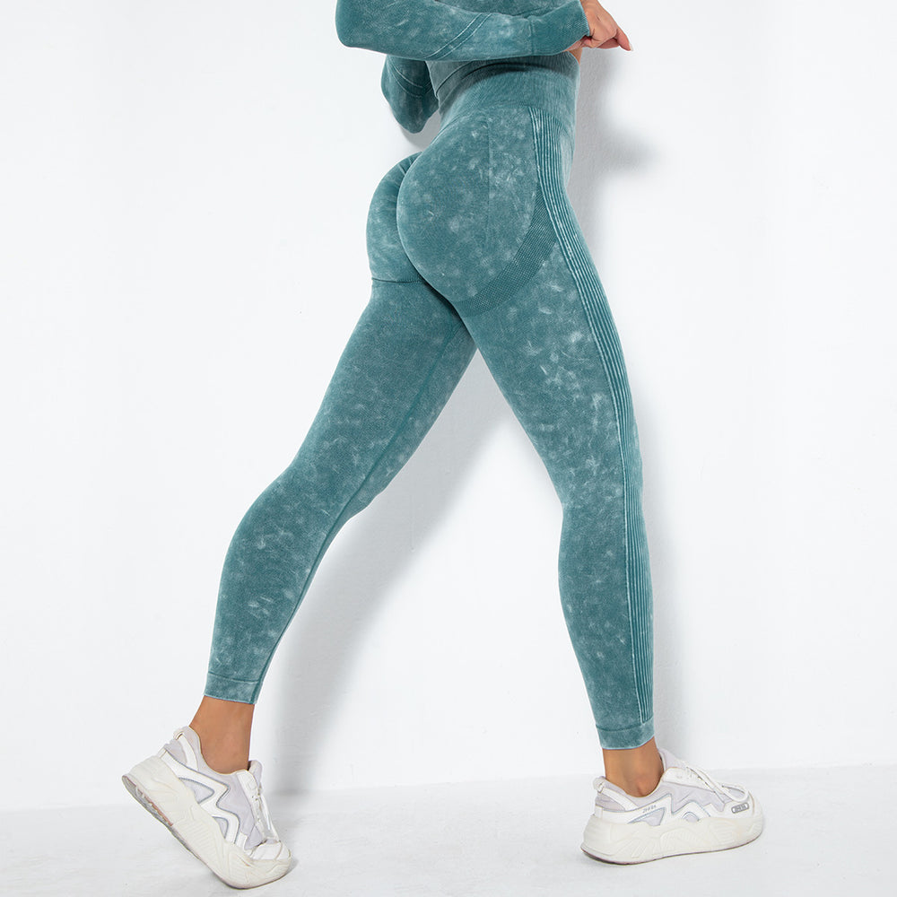 European and american new seamless washed knit moisture-wicking sexy peach lift sweat-wicking yoga pants workout leggings
