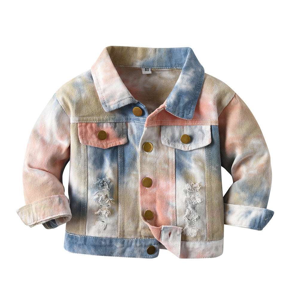 Wholesale foreign trade children's clothing: new tie-dye denim jacket for boys and girls, korean style cropped ripped top, kids' denim outfit
