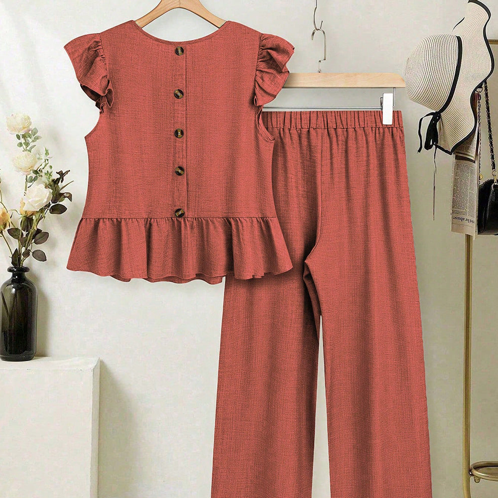 European and american cross-border women's short-sleeve set:  summer new arrival - stylish flutter sleeve top and wide-leg pants two-piece set