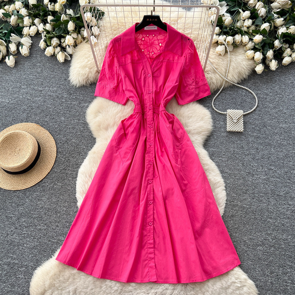 K-stylework clothing style short-sleeved a-line dress women's summer orange lapel shirt waist slimming look light and mature elegance