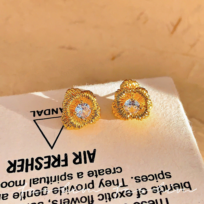 S925 sterling silver needle earrings, gold-tone double layer zircon flower studs, women's unique design, fashionable and elegant, versatile earrings