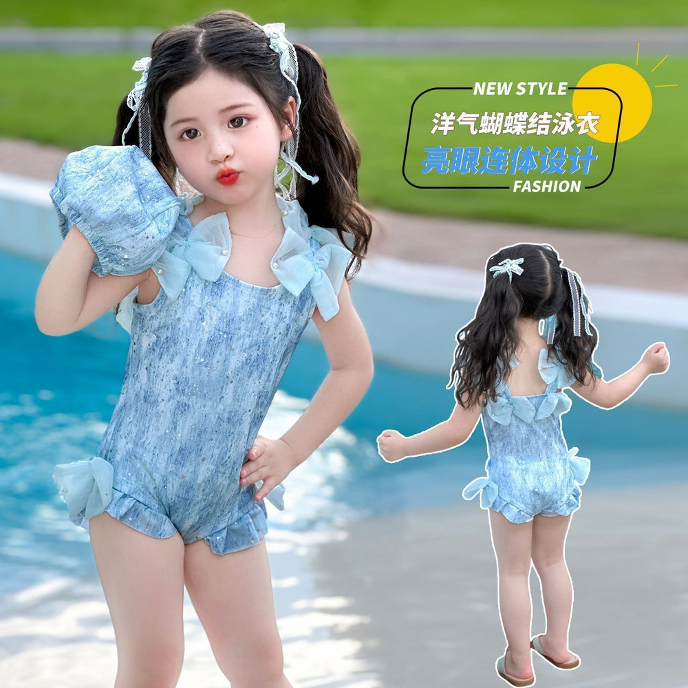 Blue bowknot one-piece swimsuit for girls - super fairy style, trendy kids' swimwear, new summer collection