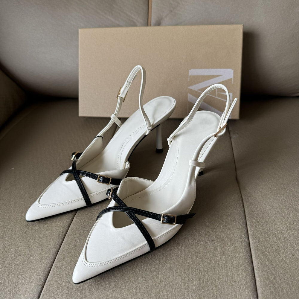 Spain 2025 new black and white color block pointed toe low-cut women's shoes criss-cross strappy stiletto heel mule fashion sandals