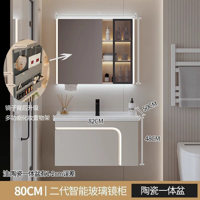 [Customized] Side storage bathroom cabinet ceramic integrated hand wash basin bathroom solid wood bathroom cabinet combination